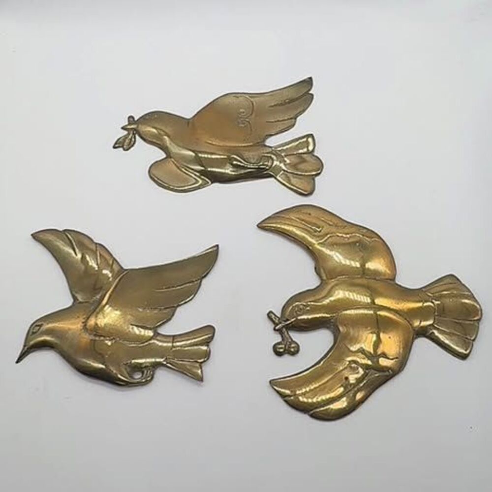 Vintage Brass Flying Birds Wall Decor Set of 3 Mid Century Peace Dove